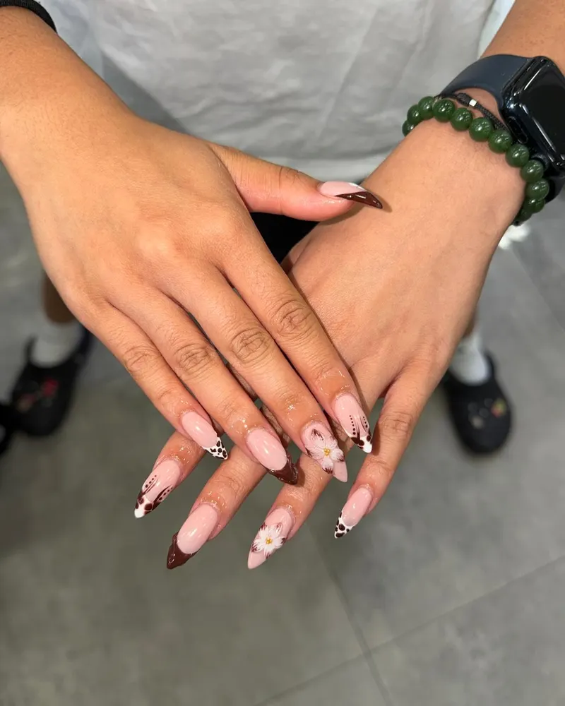 Brown French tips with dotted accents